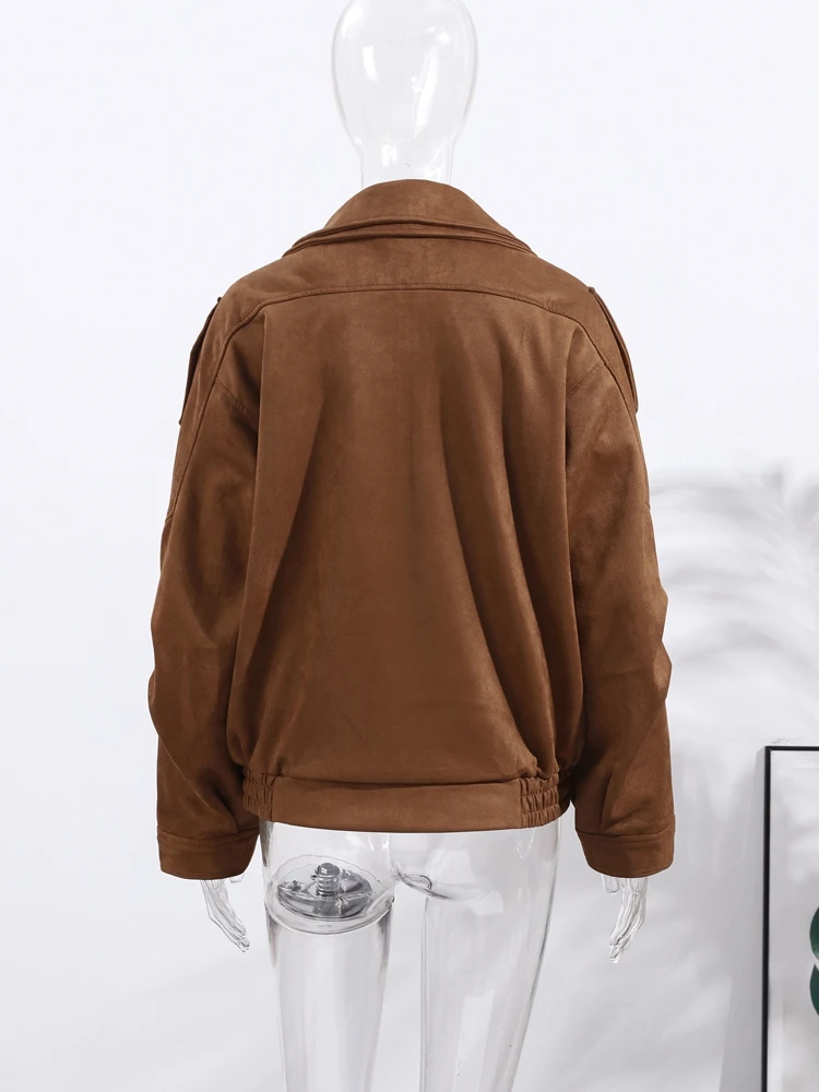 Vintage Street Women's Brown Suede Jacket Belt Loose Lapel Long Sleeve Zipper Coats 2025 Autumn Winter Fashion Lady Outwears - Image 5