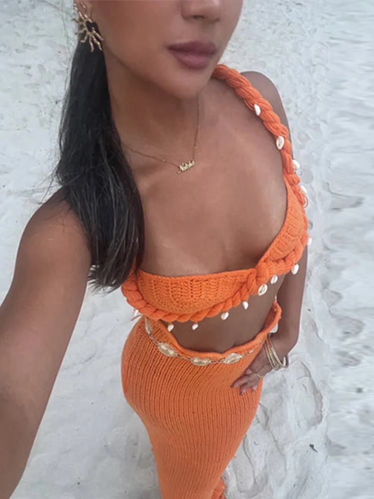 Sexy Shell Beach Knit Tube Top Long Skirts Sets Women Sleeveless Backless Crop Top Hip Package Split Skirt 2025 Summer Lady Suit - Image 5