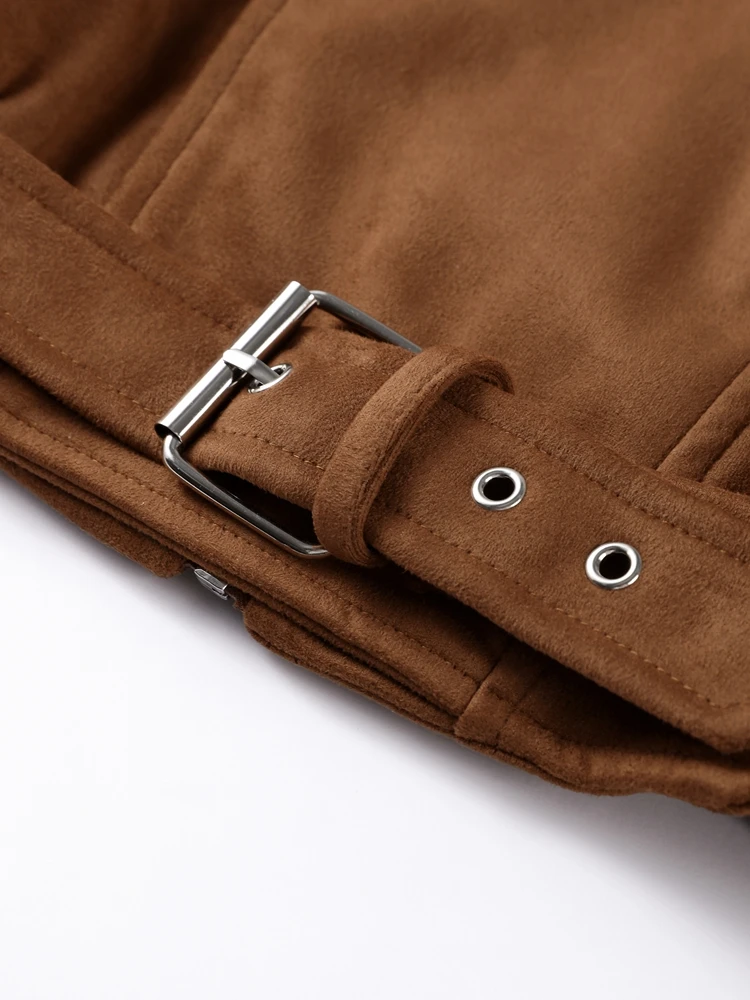 Vintage Street Women's Brown Suede Jacket Belt Loose Lapel Long Sleeve Zipper Coats 2025 Autumn Winter Fashion Lady Outwears - Image 6