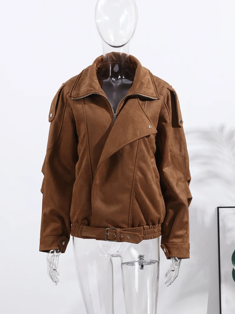 Vintage Street Women's Brown Suede Jacket Belt Loose Lapel Long Sleeve Zipper Coats 2025 Autumn Winter Fashion Lady Outwears - Image 4