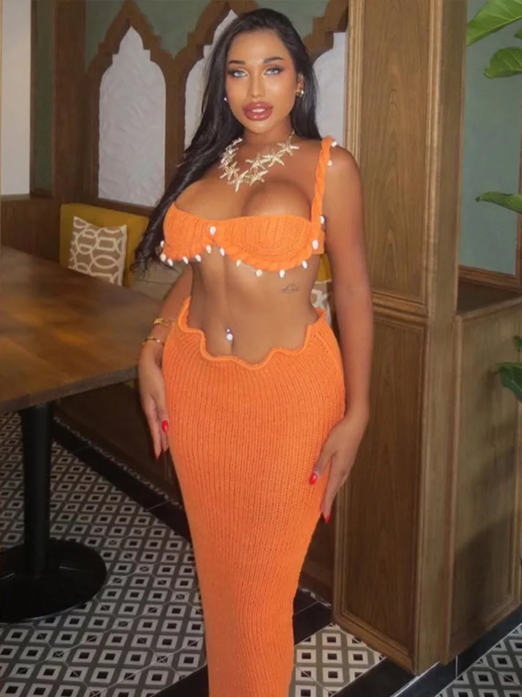 Sexy Shell Beach Knit Tube Top Long Skirts Sets Women Sleeveless Backless Crop Top Hip Package Split Skirt 2025 Summer Lady Suit - Image 6