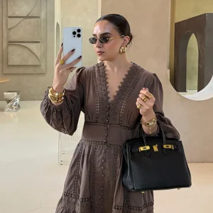 Elegant Lace Patchwork Hollow Out Dress Women Solid V-neck Long Lantern Sleeve Loose Dresses 2025 Spring Vacation Lady Robes