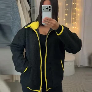 Fashion Contrast Knitted Coats Women Stand Collar Full Sleeve Zipper Pockets Jacket 2025 Autumn Winter Lady Warm Outwear Street