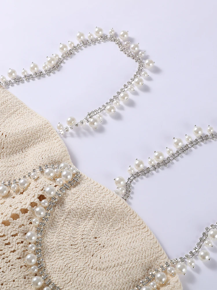 Beach Pearl Knit Crop Vest Shorts Sets Women Slim Hollow Sleeveless Backless Tops Lace Up Short Pants 2025 Summer Sexy Outfits - Image 5