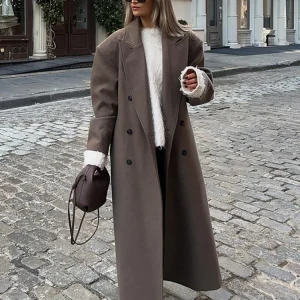 Elegant Solid Women Woolen Long Coats Loose Lapel Double-breasted Full Sleeve Shoulder Pads Overcoat 2025 Autumn New Outerwears