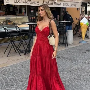 Red Loose Pleated Sling Long Dresses Women Sexy V-neck Sleeveless Backless Female Dresses 2025 Summer Lady Vacation Solid Robes