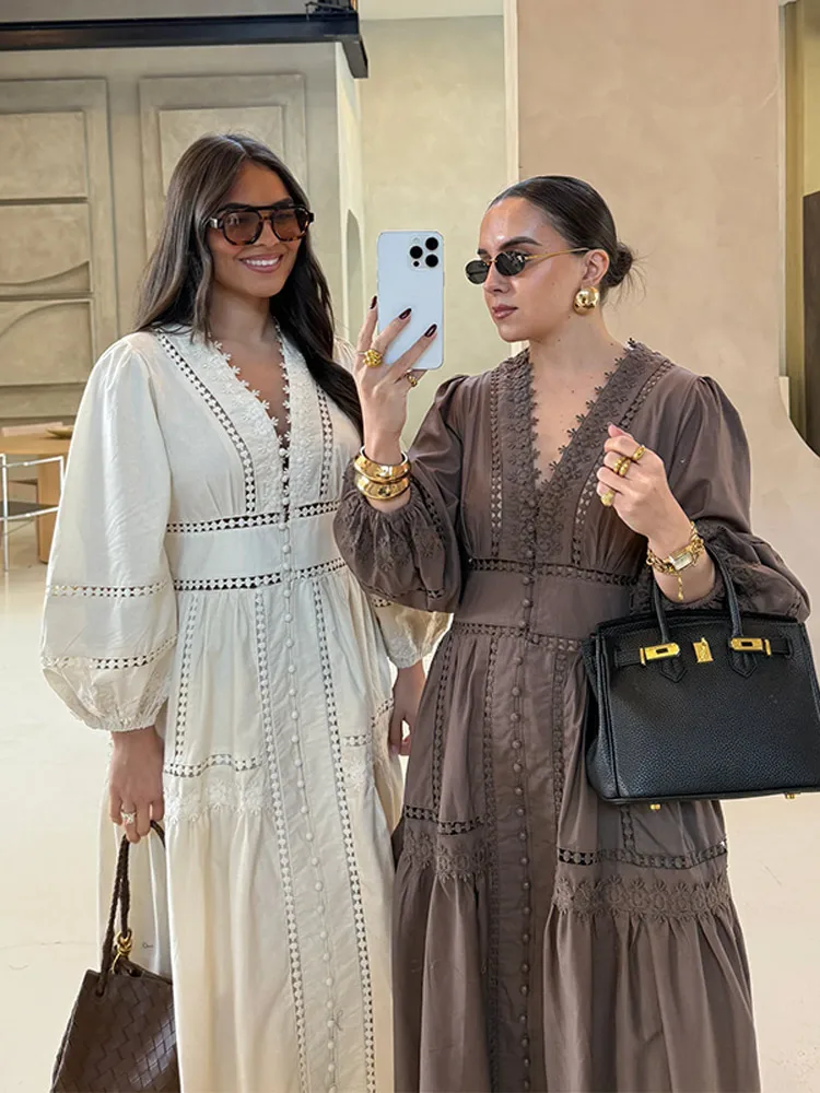 Elegant Lace Patchwork Hollow Out Dress Women Solid V-neck Long Lantern Sleeve Loose Dresses 2025 Spring Vacation Lady Robes - Image 2