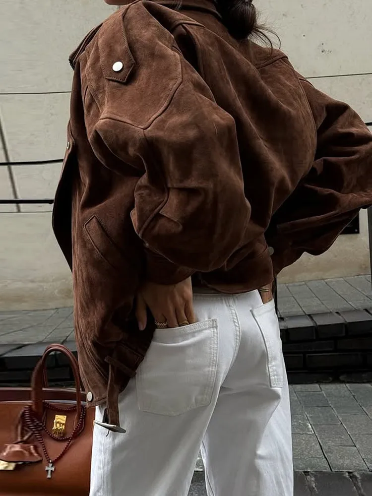 Vintage Street Women's Brown Suede Jacket Belt Loose Lapel Long Sleeve Zipper Coats 2025 Autumn Winter Fashion Lady Outwears - Image 3