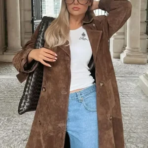 Fashion Faux Suede Women Long Trench Coats With Belt Double-breasted Lapel Overcoat 2025 Autumn Female High Street Windbreaker