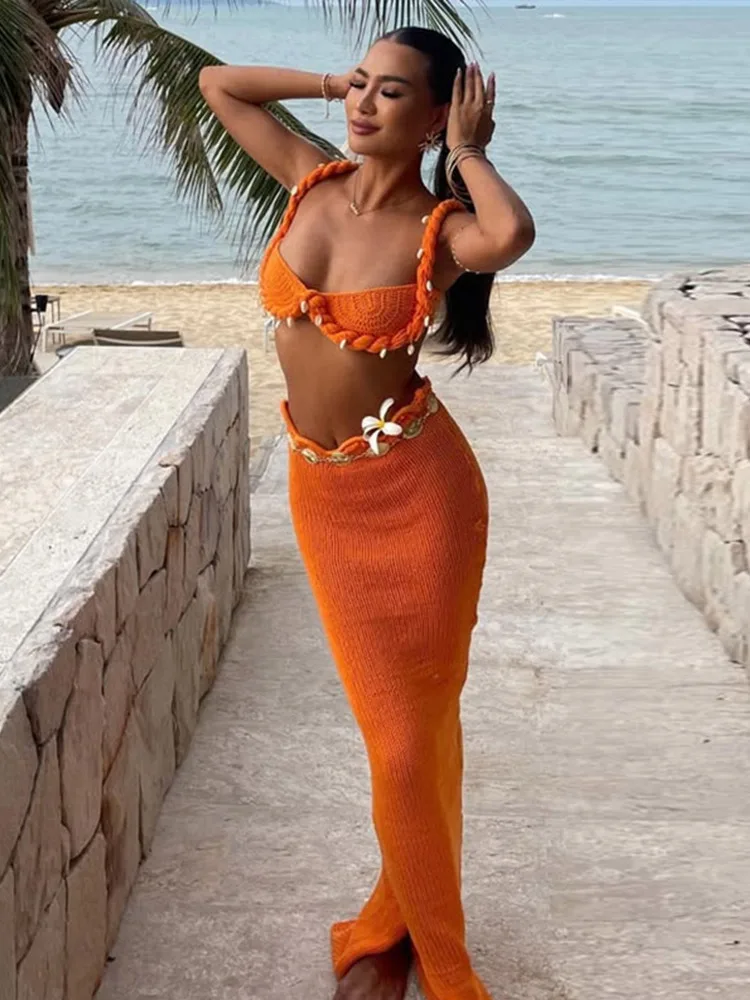 Sexy Shell Beach Knit Tube Top Long Skirts Sets Women Sleeveless Backless Crop Top Hip Package Split Skirt 2025 Summer Lady Suit - Image 2