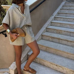 Casual Striped Shirt Shorts Sets Women Lapel Single Breasted Half Sleeve Shirts Lace Up Shorts 2025 Summer Vacation Beach Outfit
