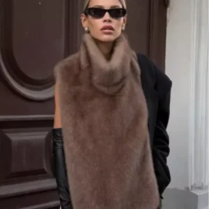 Fashion Faux Fur Sable Vest For Women Sleeveless Solid Turtleneck Warm Fur Tank Tops Female 2025 Autumn Winter Lady Jacket Coat
