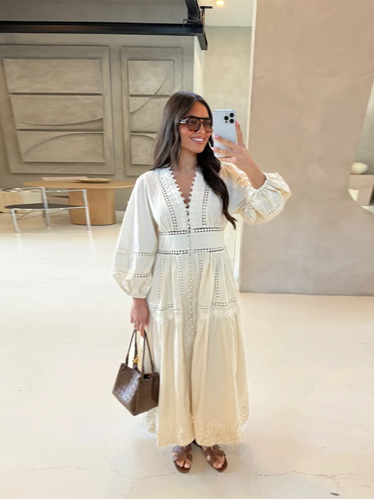 Elegant Lace Patchwork Hollow Out Dress Women Solid V-neck Long Lantern Sleeve Loose Dresses 2025 Spring Vacation Lady Robes - Image 5