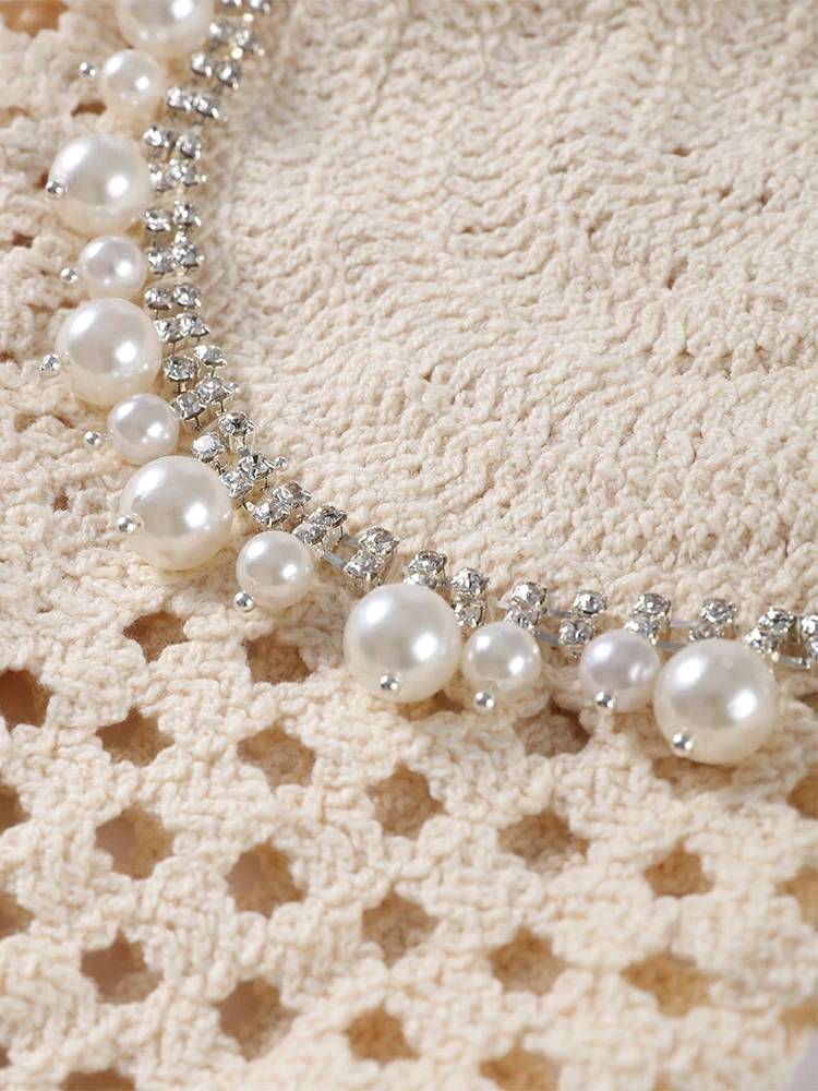 Beach Pearl Knit Crop Vest Shorts Sets Women Slim Hollow Sleeveless Backless Tops Lace Up Short Pants 2025 Summer Sexy Outfits - Image 6