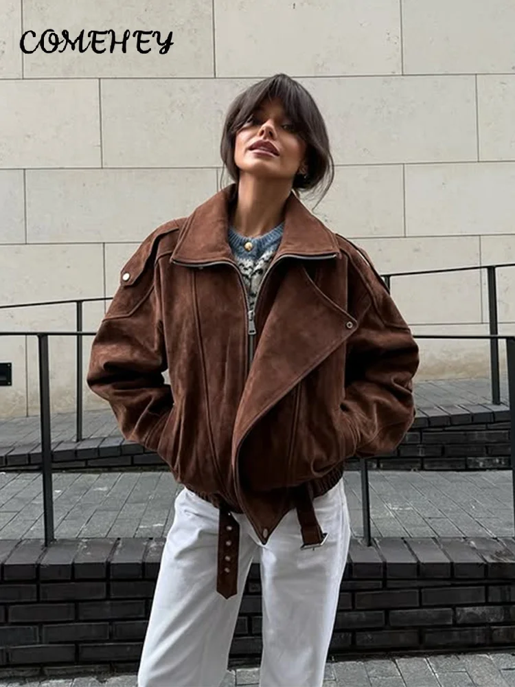 Vintage Street Women's Brown Suede Jacket Belt Loose Lapel Long Sleeve Zipper Coats 2025 Autumn Winter Fashion Lady Outwears - Image 2