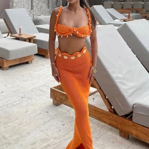 Sexy Shell Beach Knit Tube Top Long Skirts Sets Women Sleeveless Backless Crop Top Hip Package Split Skirt 2025 Summer Lady Suit