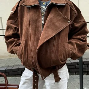 Vintage Street Women's Brown Suede Jacket Belt Loose Lapel Long Sleeve Zipper Coats 2025 Autumn Winter Fashion Lady Outwears