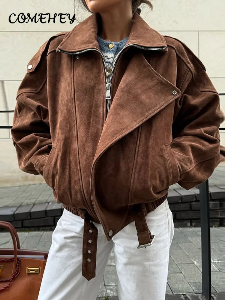 Vintage Street Women's Brown Suede Jacket Belt Loose Lapel Long Sleeve Zipper Coats 2025 Autumn Winter Fashion Lady Outwears